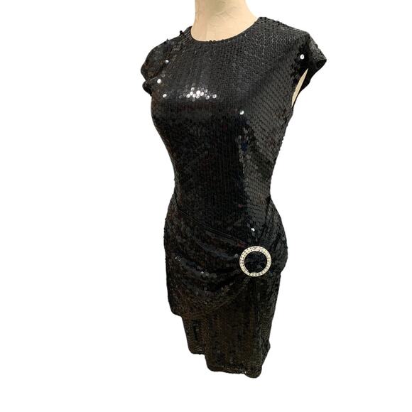 Size 6 Nite Line Vintage 1990s Black Sequin Dress Sheath Waist Drape - Picture 2 of 9